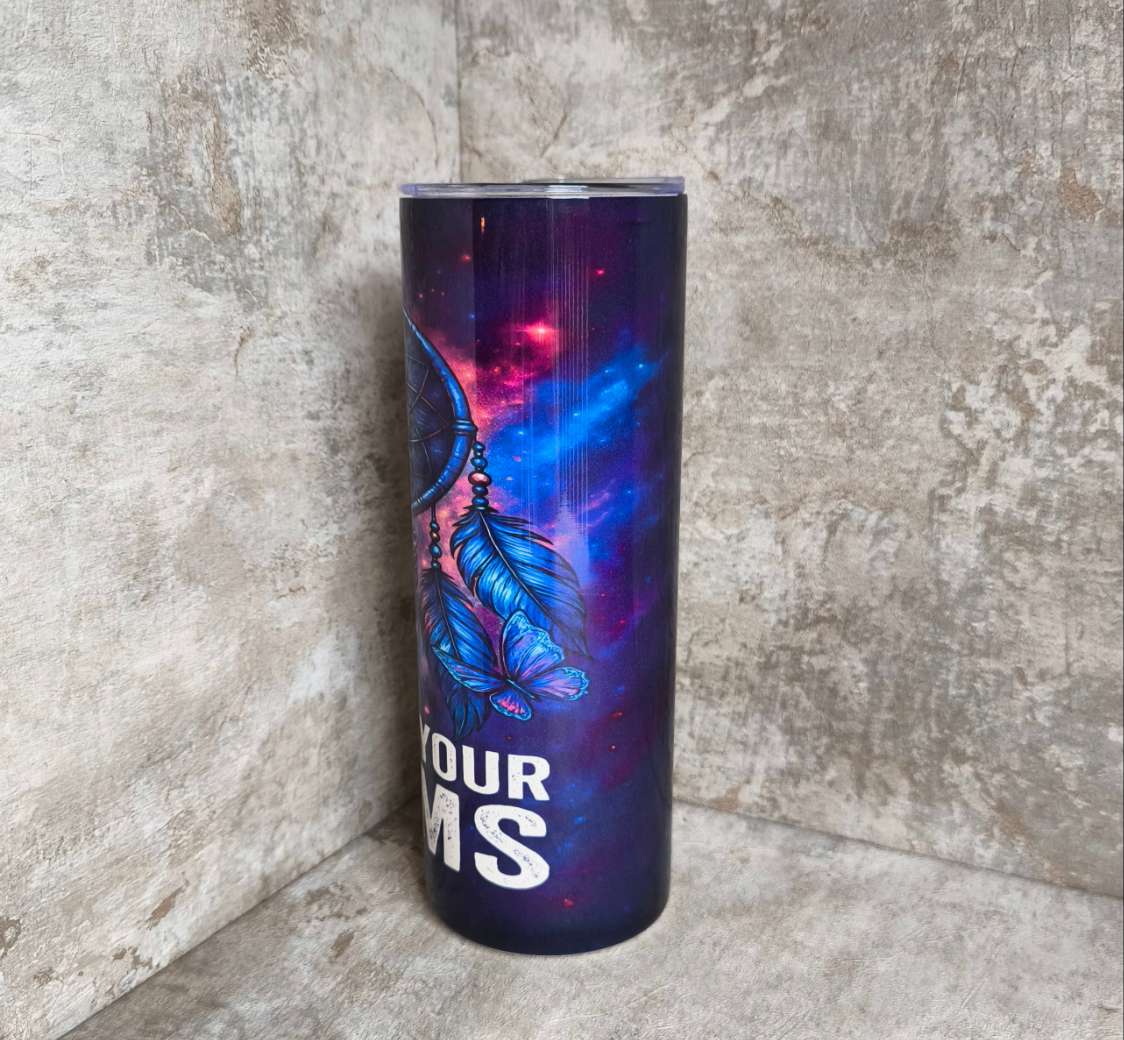 Thermobecher Follow your dreams mit Strohhalm – personalisierbar, sublimationsfähig, lebensmittelecht