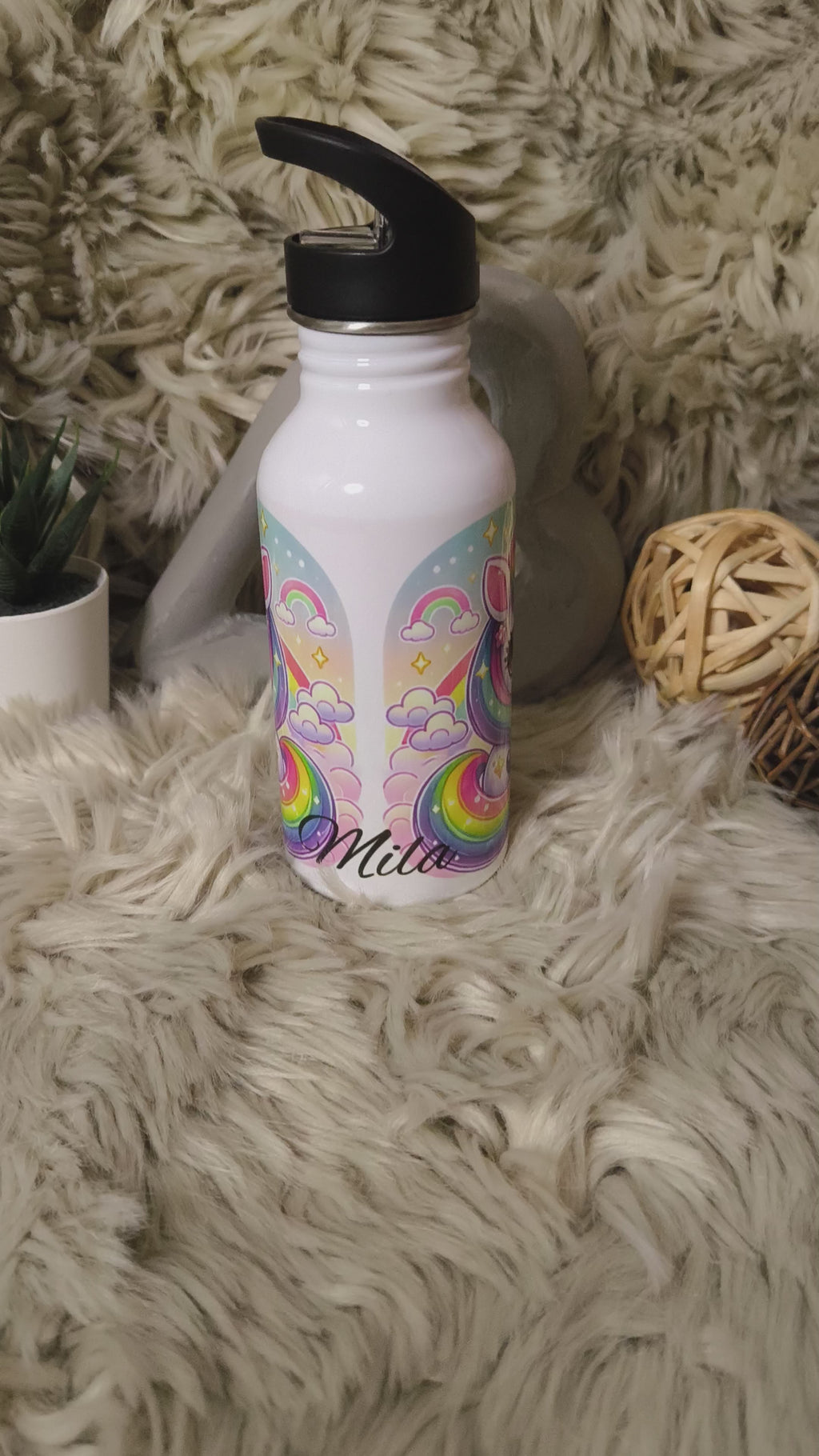 🧃 Personalisierte Trinkflasche 400 ml – mit Strohhalm-Aufsatz -Einhorn