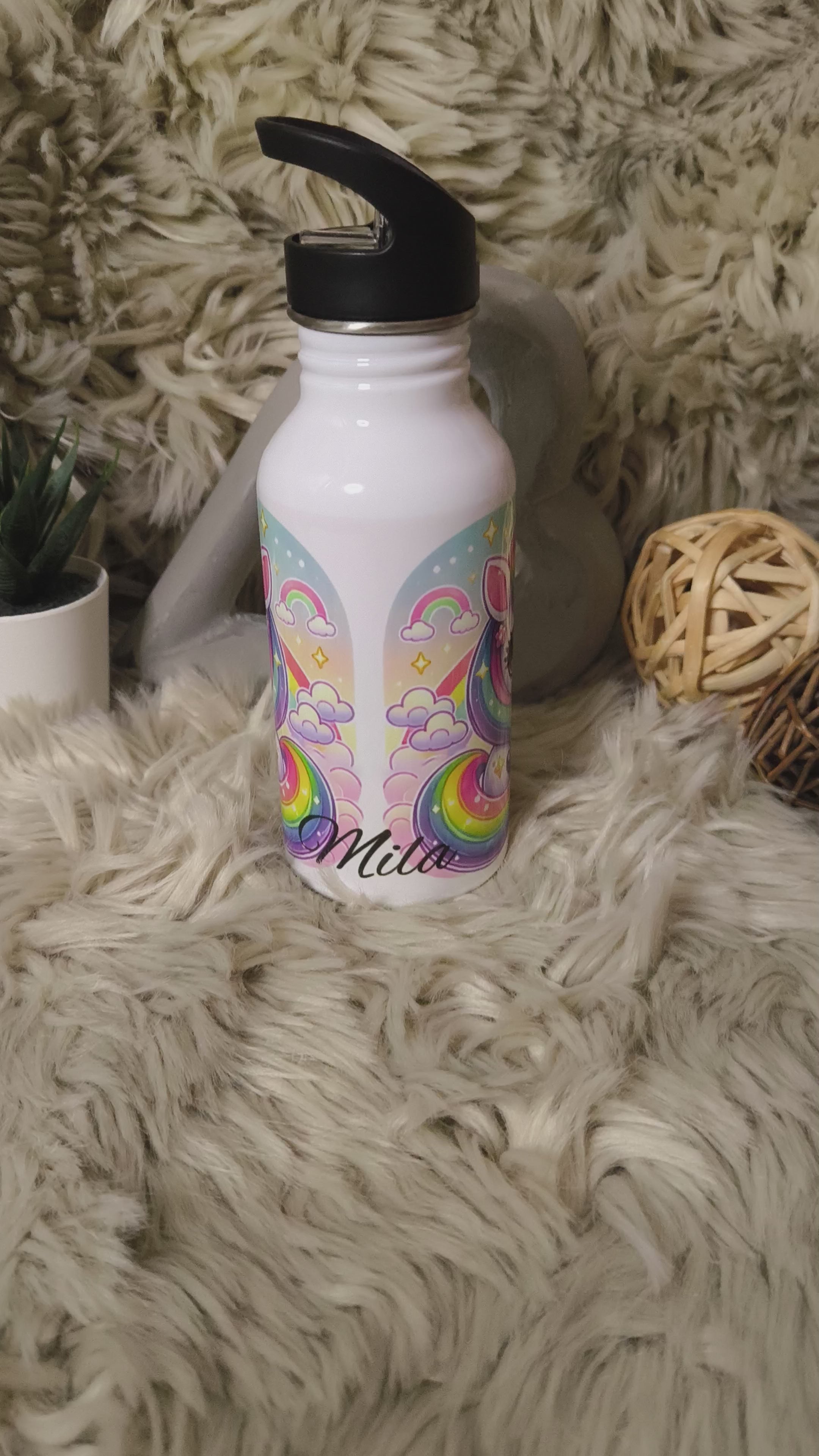 🧃 Personalisierte Trinkflasche 400 ml – mit Strohhalm-Aufsatz -Einhorn