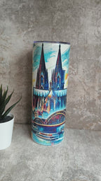 Thermobecher Kölner Dom blue mit Strohhalm – personalisierbar, sublimationsfähig, lebensmittelecht