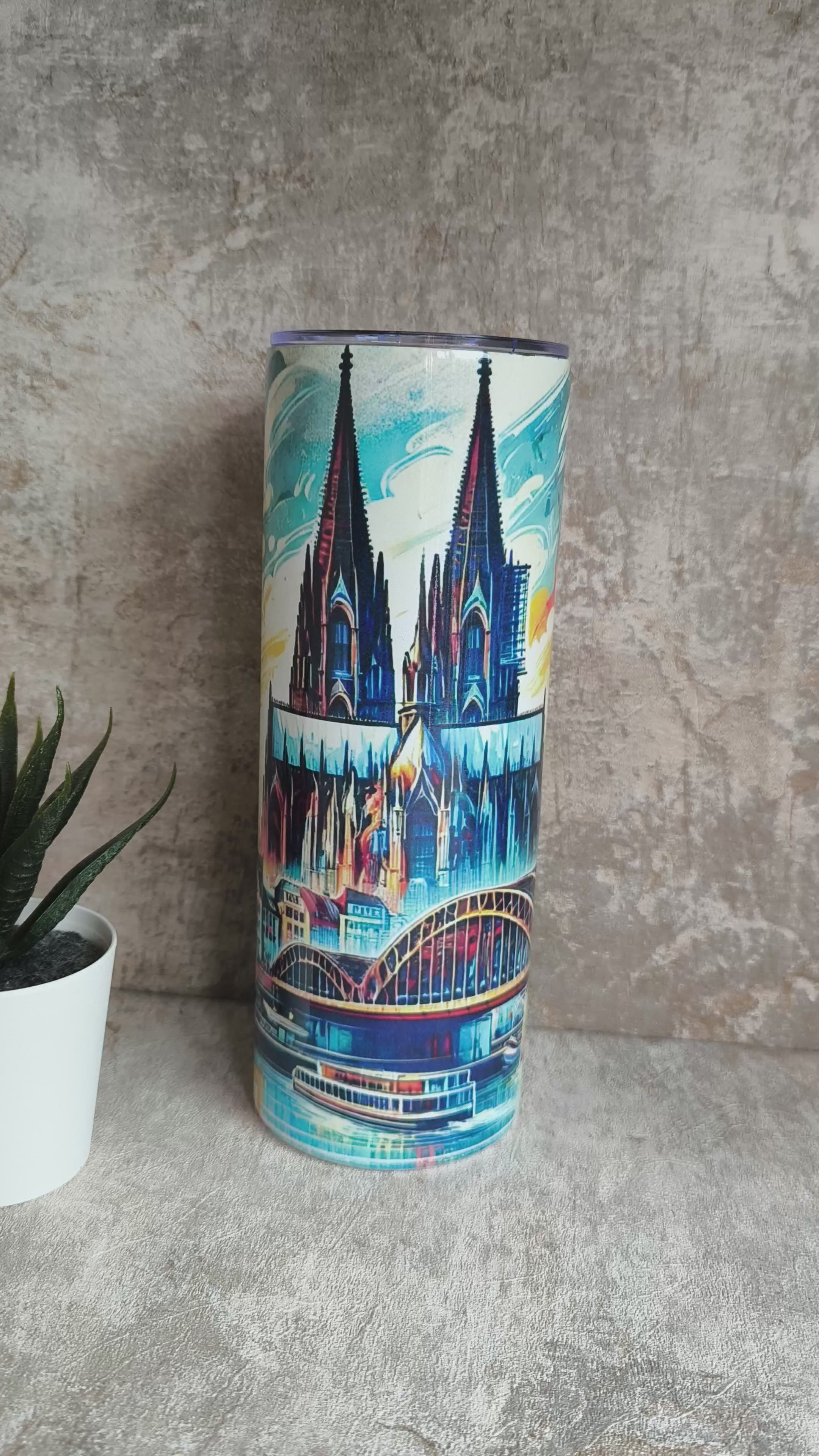 Thermobecher Kölner Dom blue mit Strohhalm – personalisierbar, sublimationsfähig, lebensmittelecht