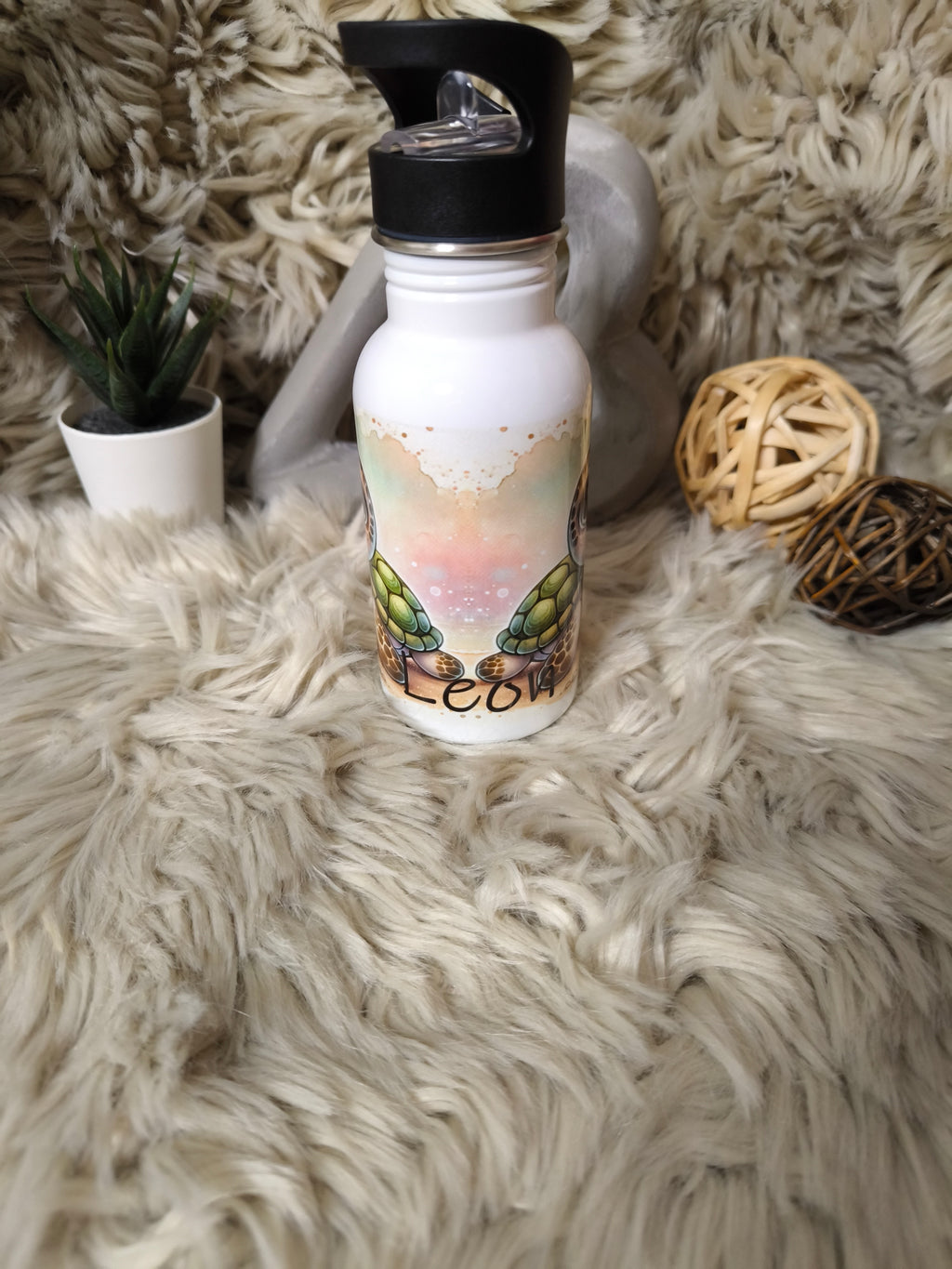 🧃 Personalisierte Trinkflasche 400 ml – mit Strohhalm-Aufsatz Schildkröte