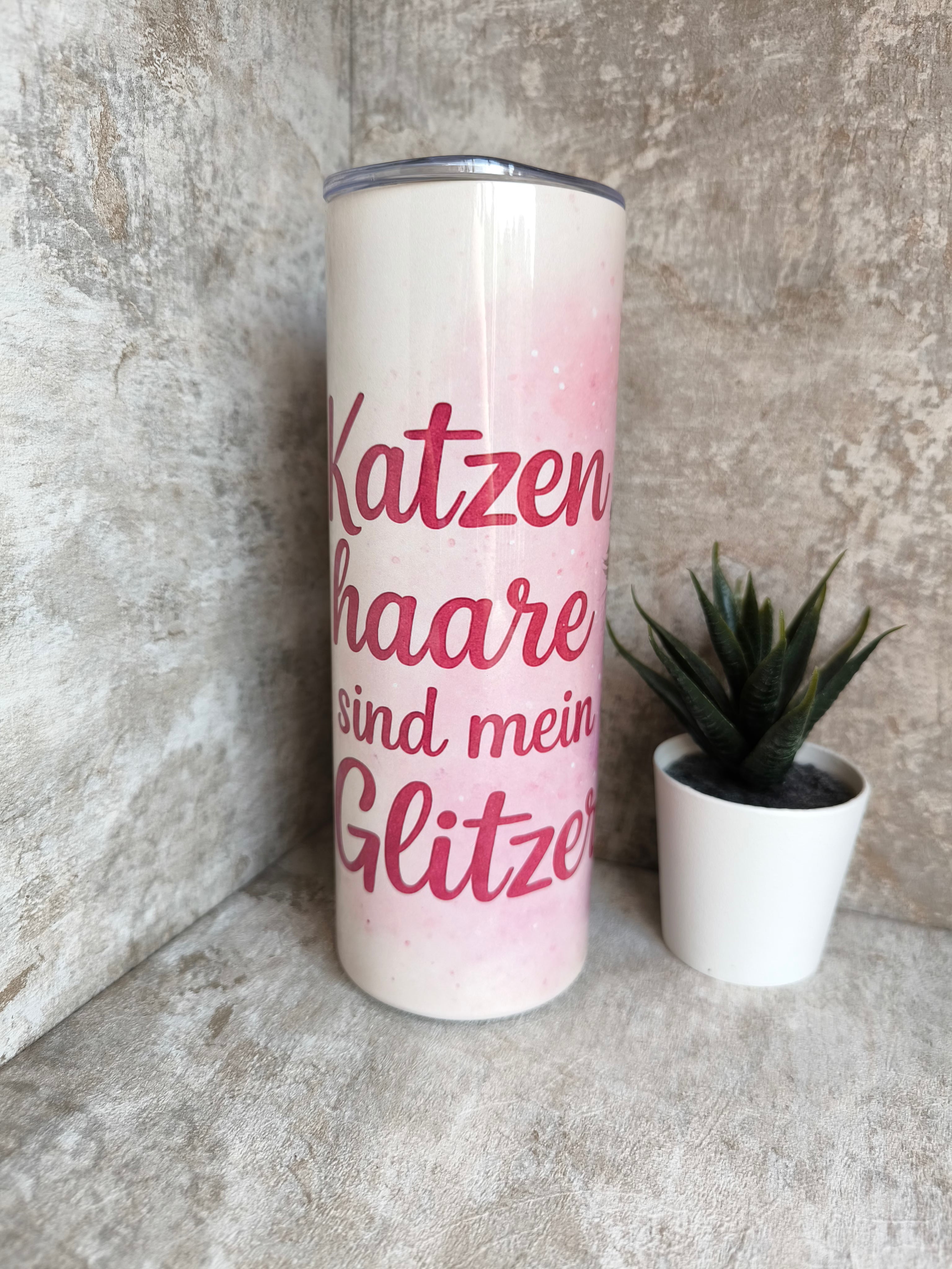 Thermobecher mit Strohhalm Katze Glitzer– personalisierbar, sublimationsfähig, lebensmittelecht