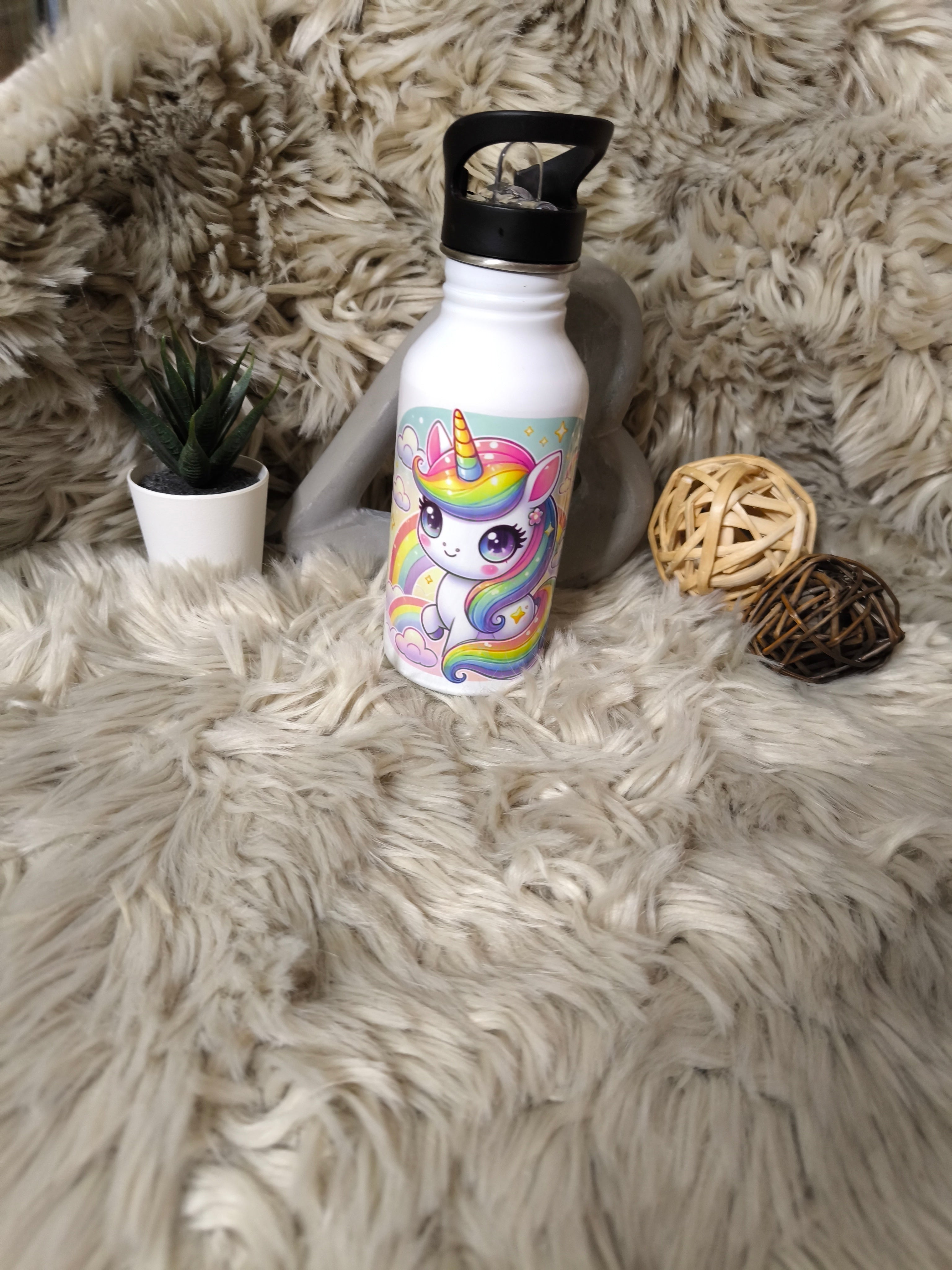 🧃 Personalisierte Trinkflasche 400 ml – mit Strohhalm-Aufsatz -Einhorn