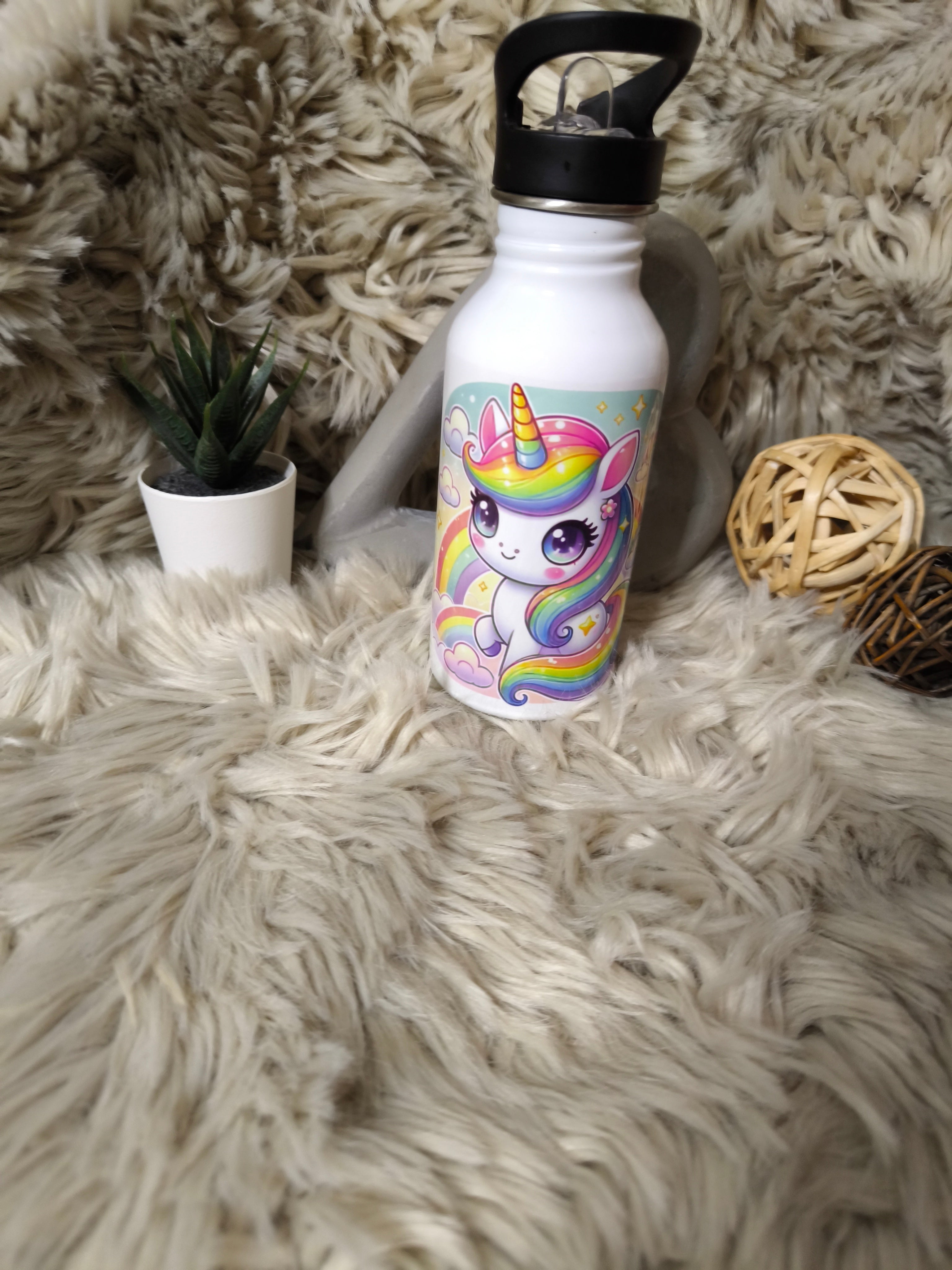 🧃 Personalisierte Trinkflasche 400 ml – mit Strohhalm-Aufsatz -Einhorn