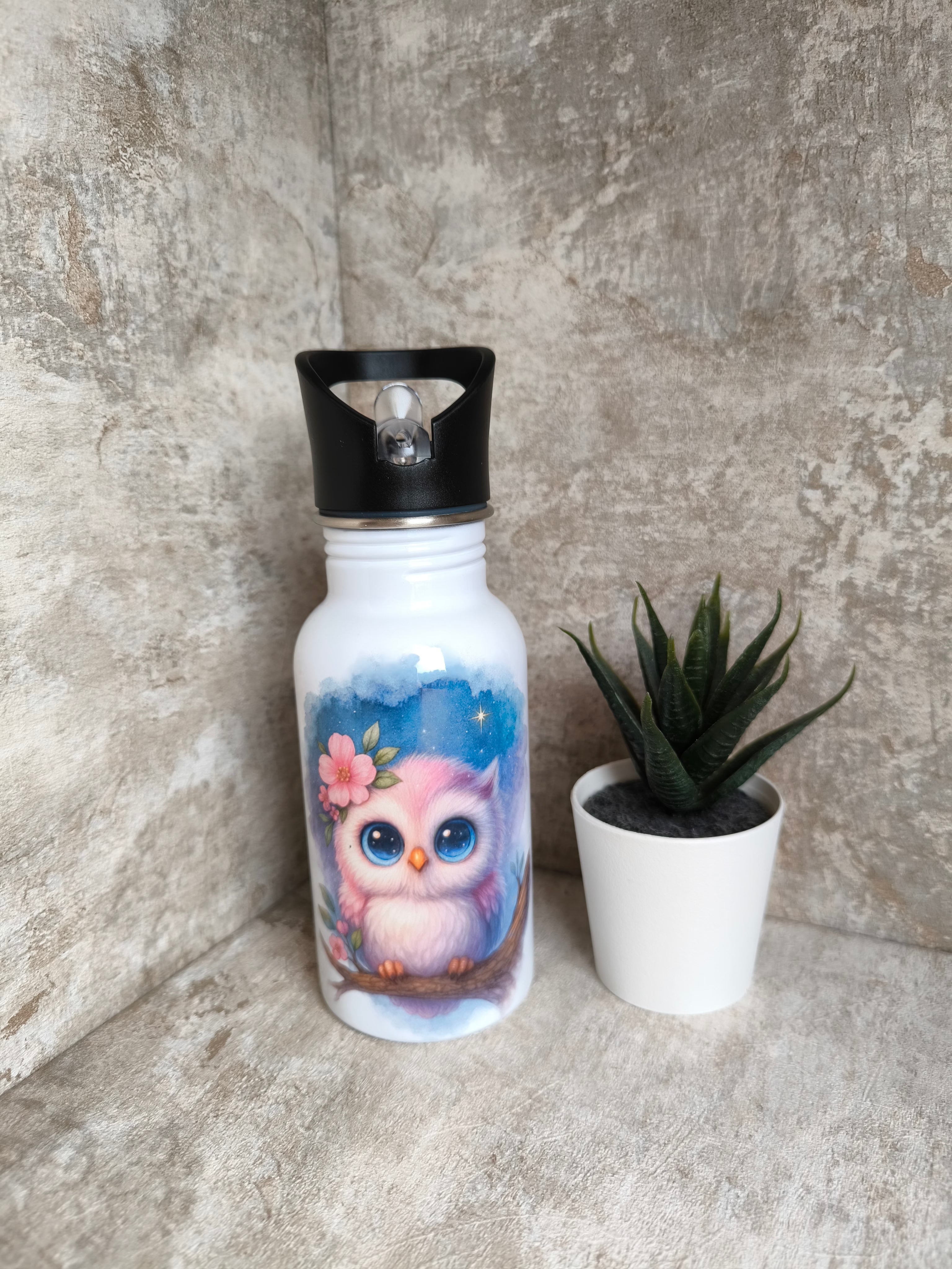 🧃 Personalisierte Trinkflasche 400 ml – mit Strohhalm-Aufsatz Eule