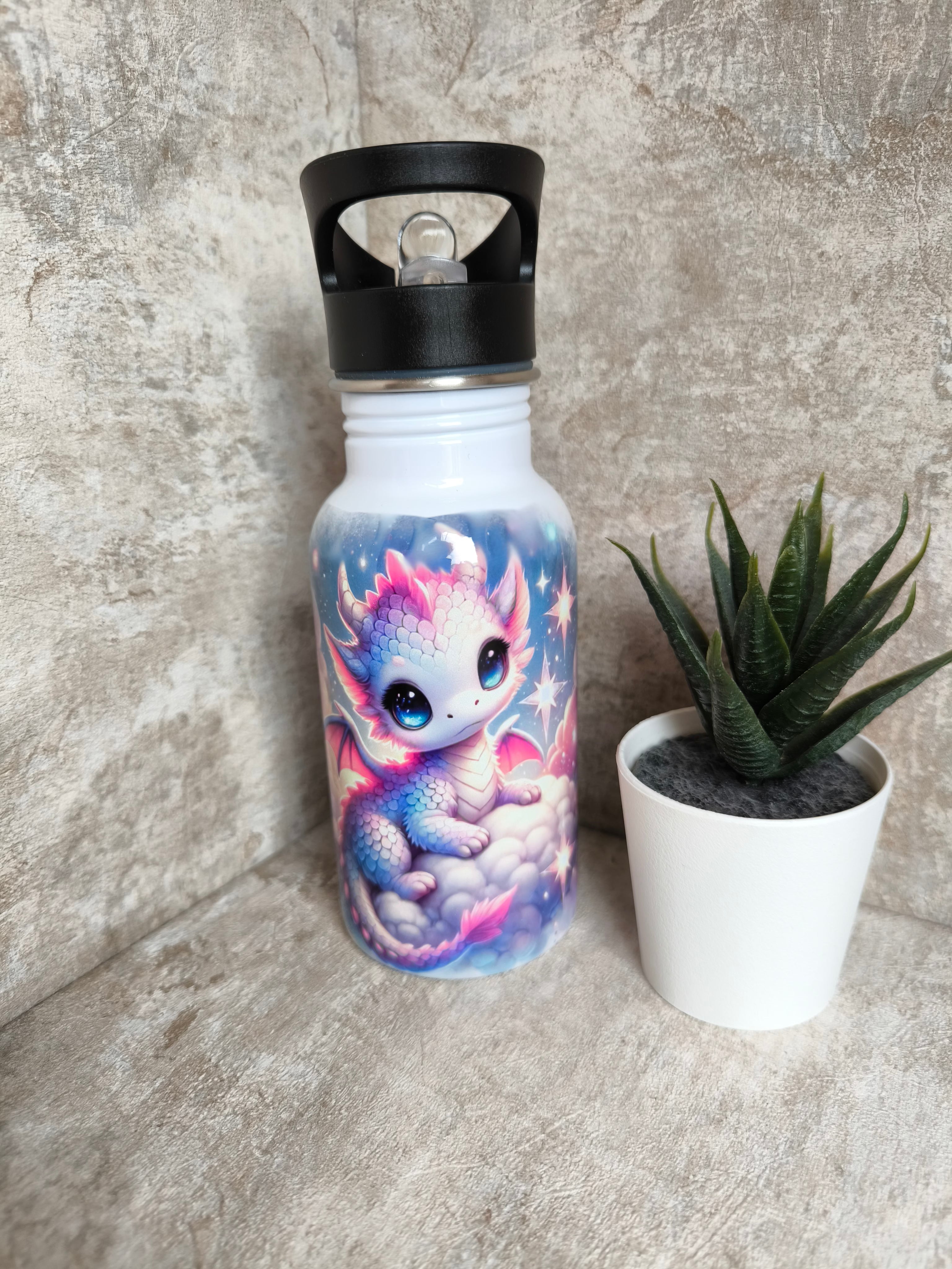 🧃 Personalisierte Trinkflasche 400 ml – mit Strohhalm-Aufsatz Drache