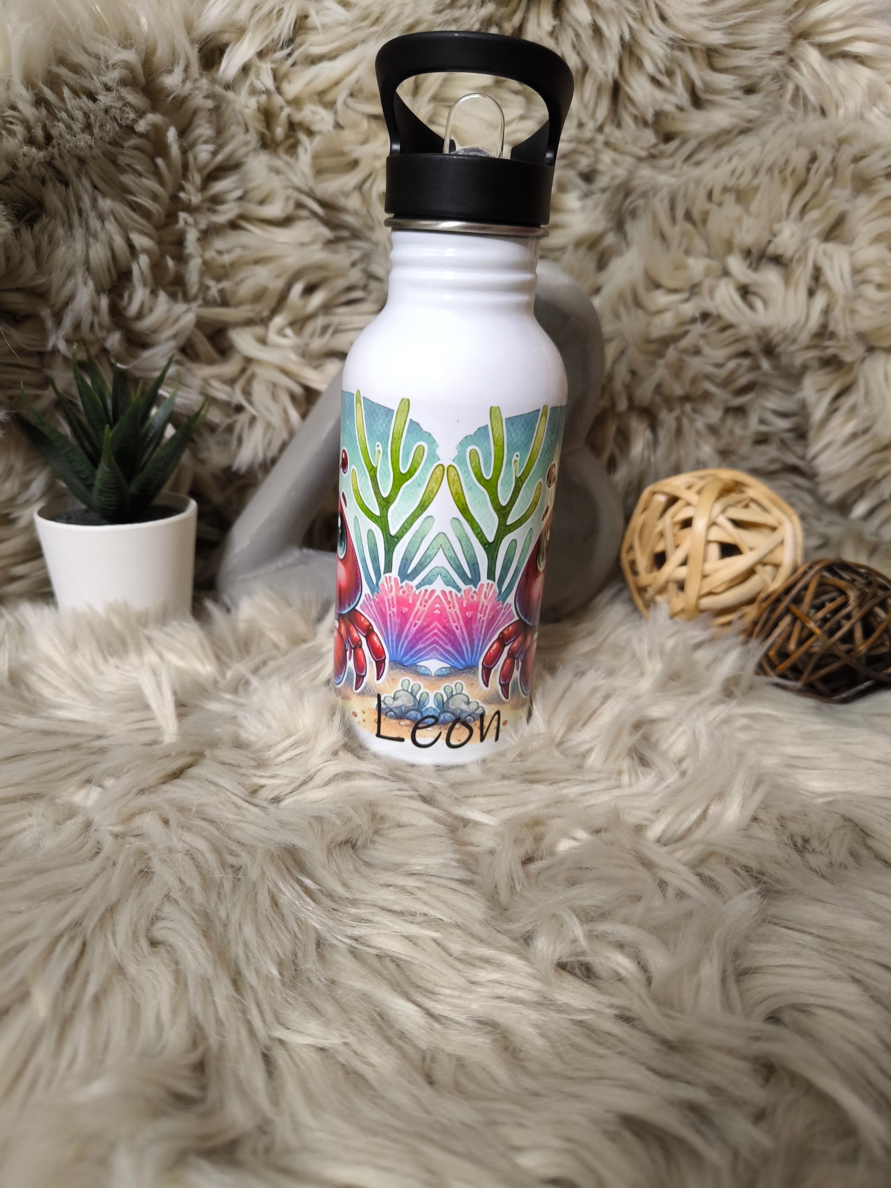 🧃 Personalisierte Trinkflasche 400 ml – mit Strohhalm-Aufsatz Kumpelkrabbe
