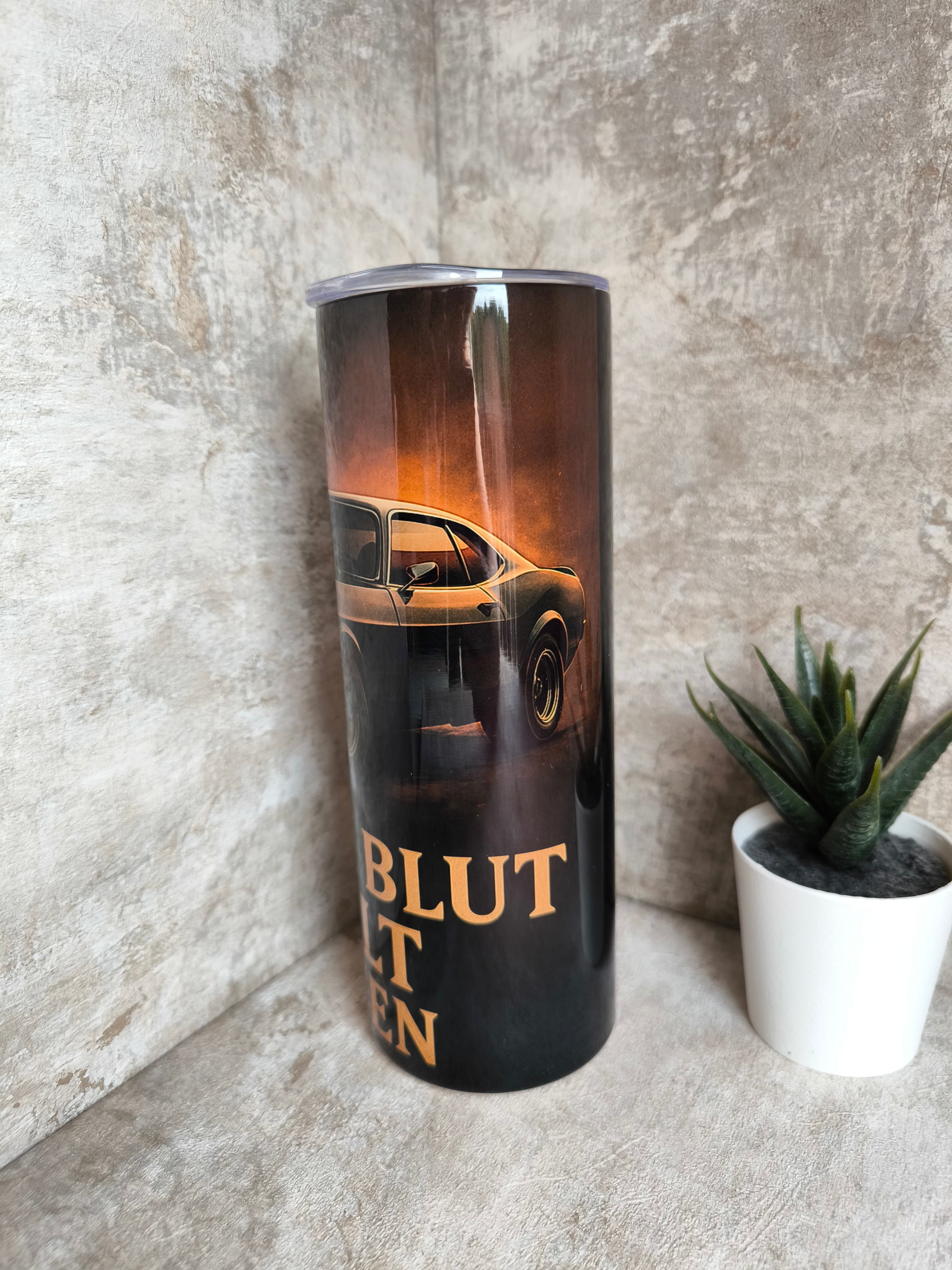 Thermobecher mit Strohhalm Chrom im Blut Dunkel– personalisierbar, sublimationsfähig, lebensmittelecht