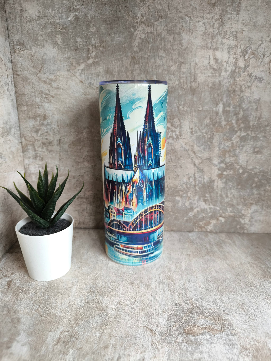 Thermobecher Kölner Dom blue mit Strohhalm – personalisierbar, sublimationsfähig, lebensmittelecht