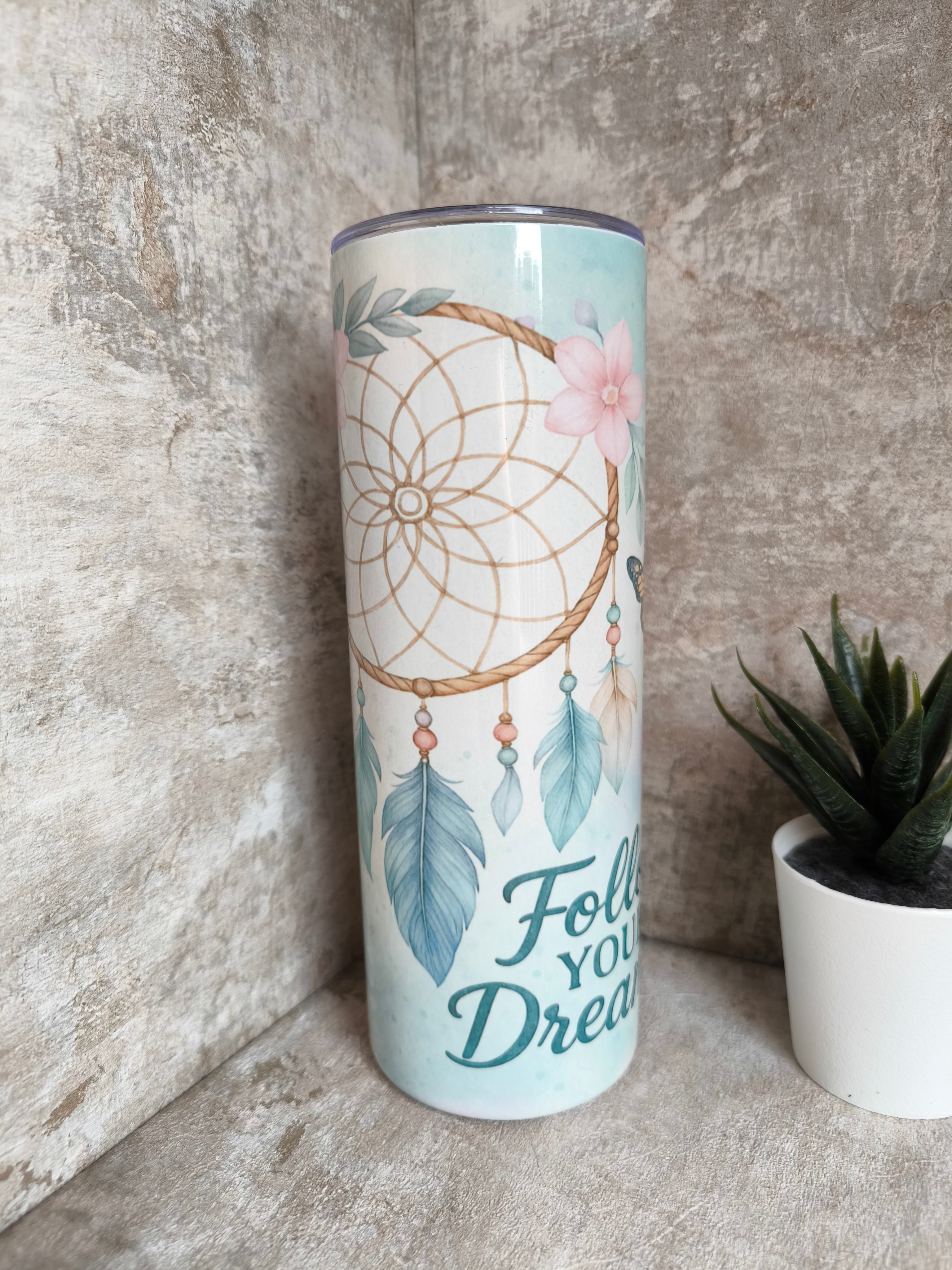 Thermobecher mit Strohhalm Follow your Dreams Pastell – personalisierbar, sublimationsfähig, lebensmittelecht
