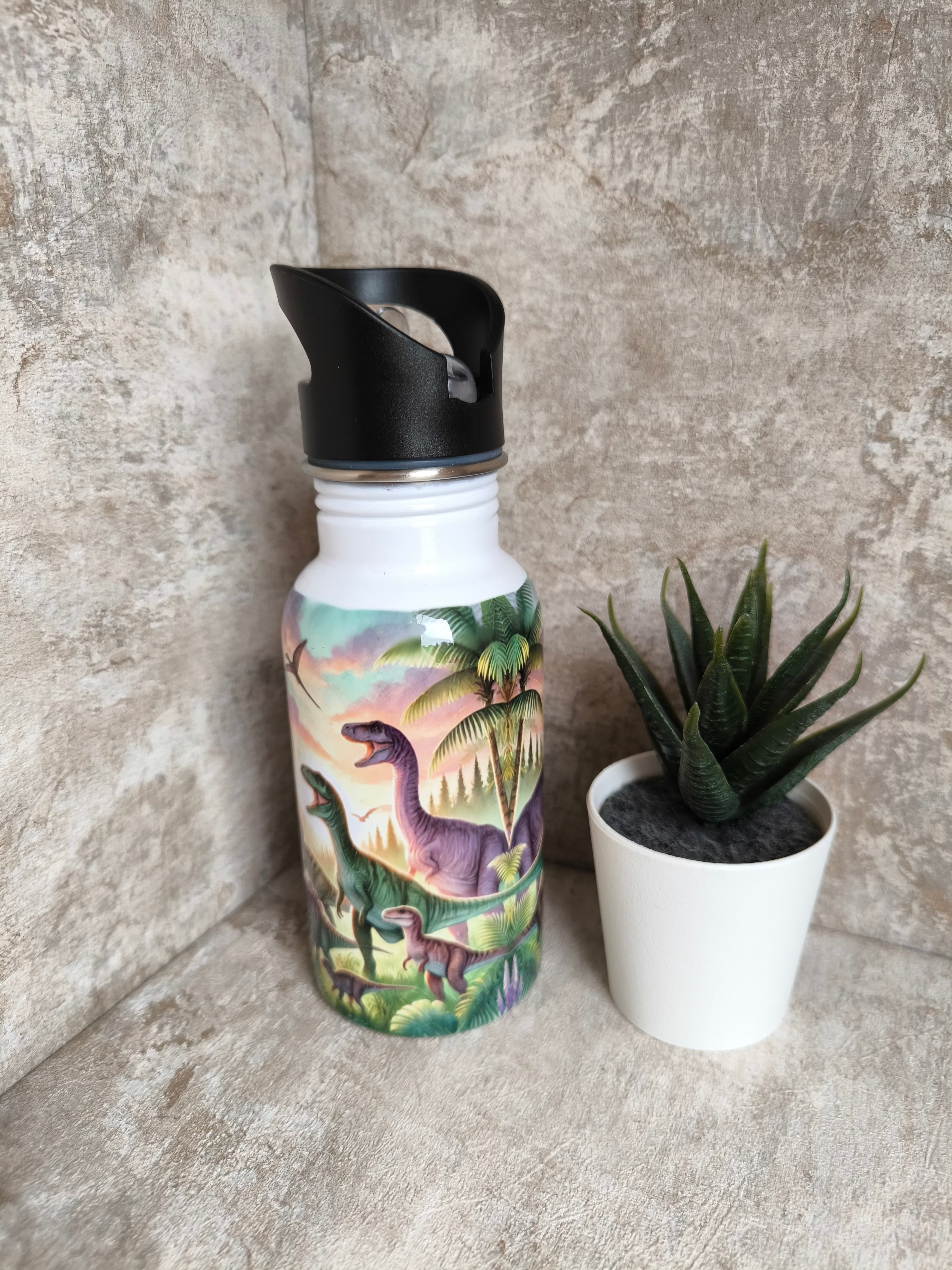 🧃 Personalisierte Trinkflasche 400 ml – mit Strohhalm-Aufsatz Dino