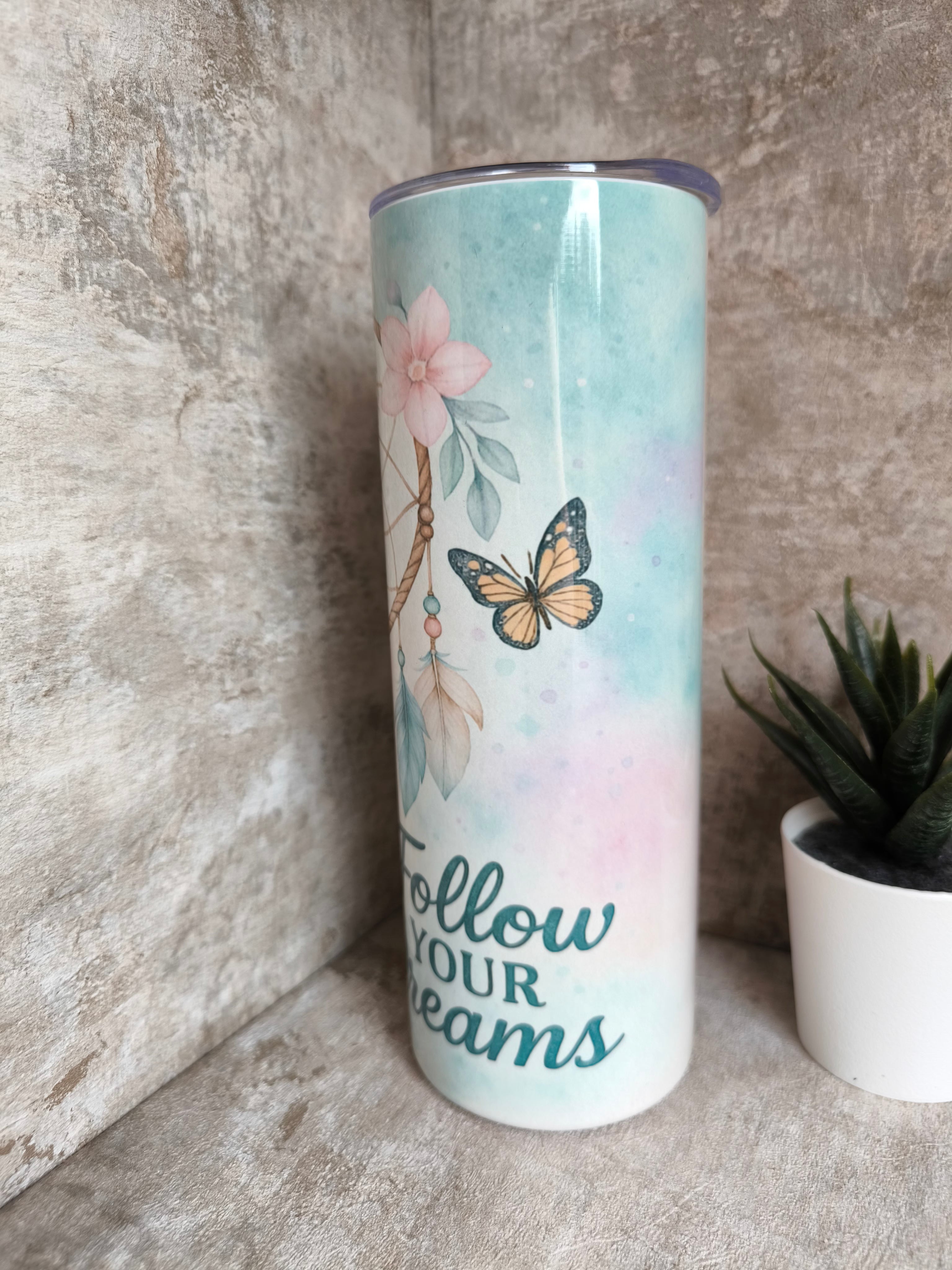 Thermobecher mit Strohhalm Follow your Dreams Pastell – personalisierbar, sublimationsfähig, lebensmittelecht
