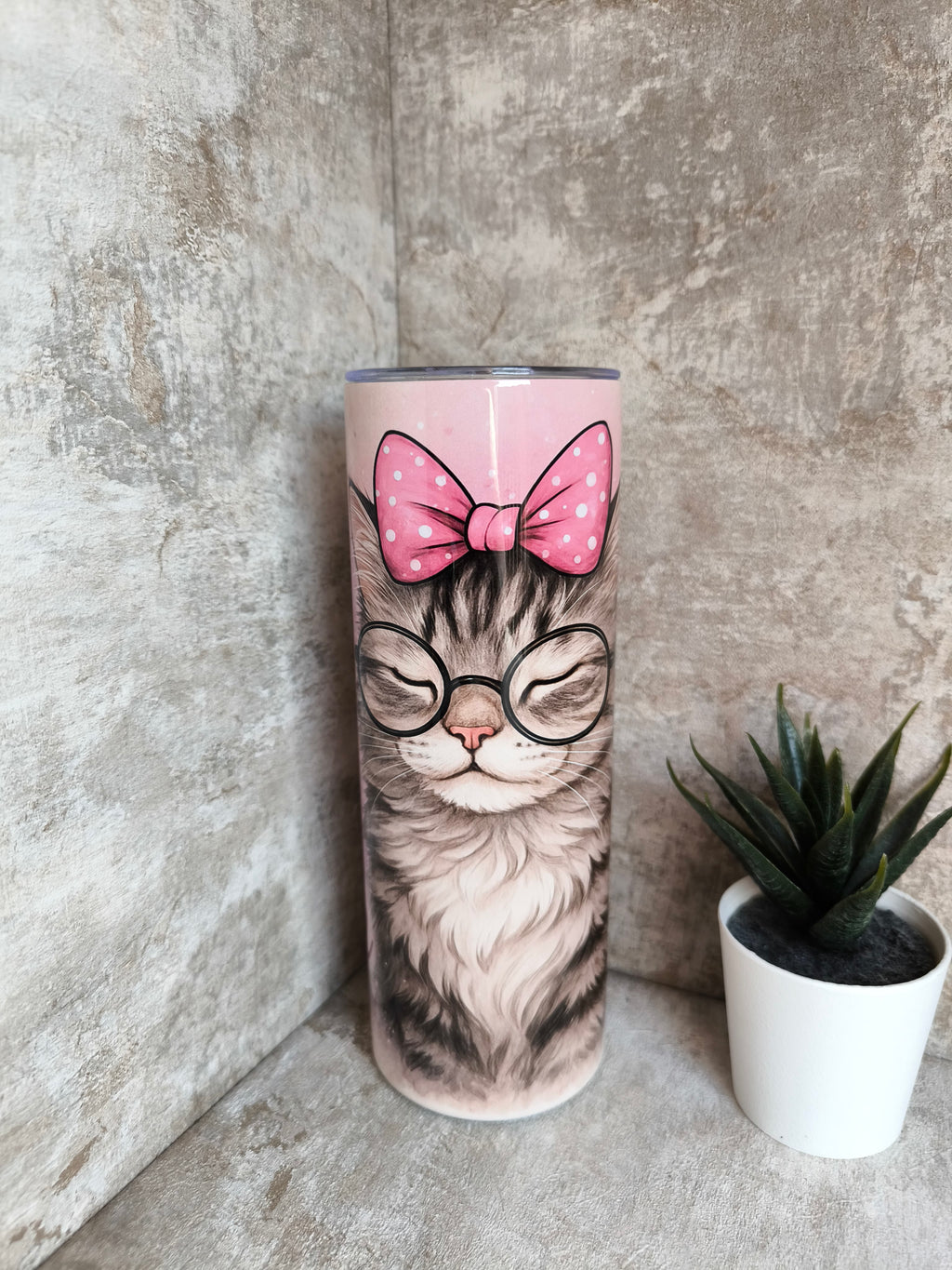 Thermobecher mit Strohhalm Katze Glitzer– personalisierbar, sublimationsfähig, lebensmittelecht